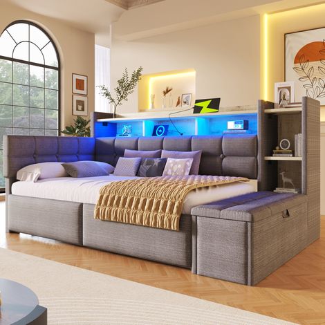 letto contenitore 90x190 USB LED con velluto grigio OKMYHOME (1/5)