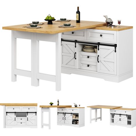Ilot central de cuisine extensible Blanc,buffet Cuisine rotation 360° avec Tiroirs,Porte grange,120-197x40x72cm (1/5)