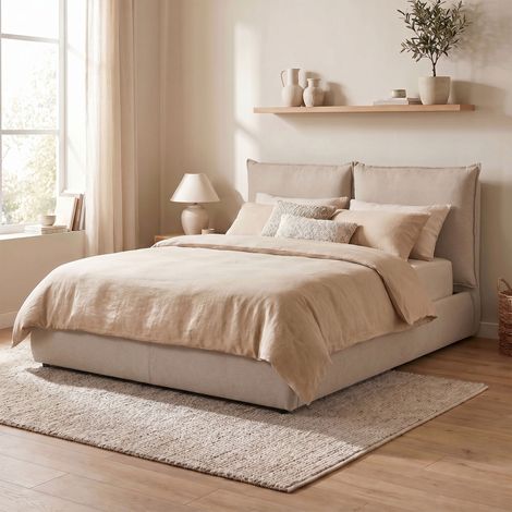 Lit coffre 160x200 avec tête de lit effet oreiller en tissu beige (1/5)