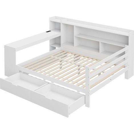Doppelbett 140x200 cm mit Schreibtisch, Regalen, 2 Schubladen und USB-Steckdose, weiß MODENUIT (1/5)