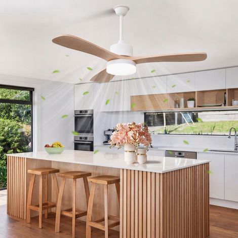 Ventilateur de plafond lumineux plafonnier 52cm - 3 pales - ultra silencieux - 6 vitesses - éclairage LED trois températures de couleur - adapté salon chambre - bois naturel