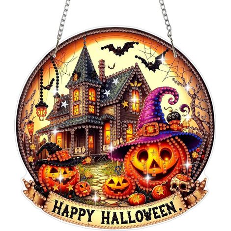 Diamant Malen Set Halloween Kürbis Fensterbild mit Kette zum Aufhängen