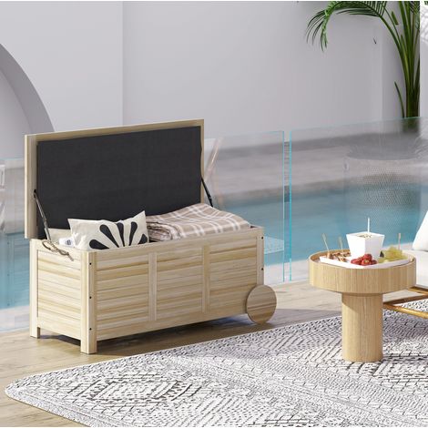 Coffre de rangement extérieur. malle de rangement en bois. 185L. avec roulettes et bâche. 110 x 50 x 50 cm. bois naturel