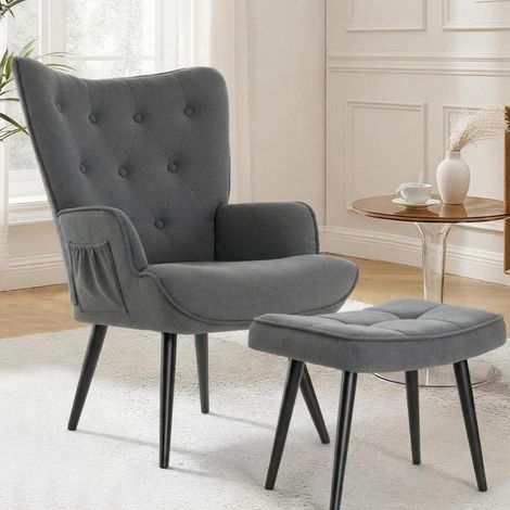 Ohrensessel mit Hocker aus Chenille, bis 168kg belastbar, grau (1/5)