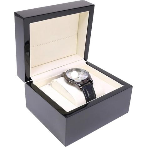 Uhrenbox aus Massivholz, schwarze Holzklavierform, glänzende Lackierung, Uhrenverpackungsbox mit Lederetui, transparent (beige Auskleidung).
