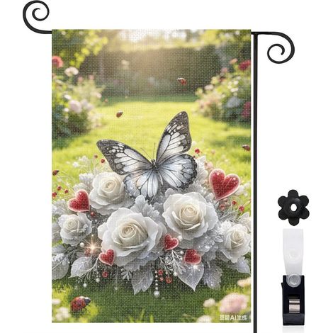 Drapeau de jardin décoratif 30 x 45 cm motif papillon et fleurs style élégant toile double face durable (1/5)
