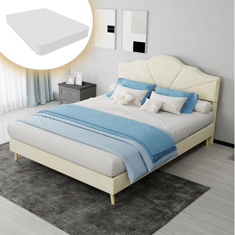 Lit rembourré beige 140x200 cm avec matelas, tête de lit géométrique, cadre bas (1/5)