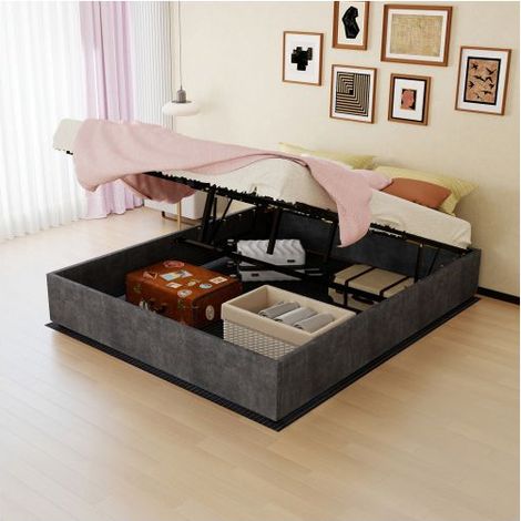 Lit Coffre 160x200cm Gris Design Moderne - Lit Rembourré - Velours Hollandais, Sommier à Lattes Inclus, Rangement Pratique (1/5)