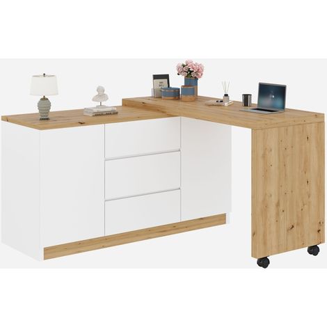 Bureau d'angle Chêne et blanc en MDF, Avec Étagères Réglables, 3 Tiroirs et 2 Portes, 120 x 50 x 76,5cm - pour bureau, salon (1/5)