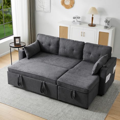 Canapé con chaise longue convertible de tejido algodón y lino gris 211x130x86 cm, arcón, portavasos y chaise reversible (1/5)