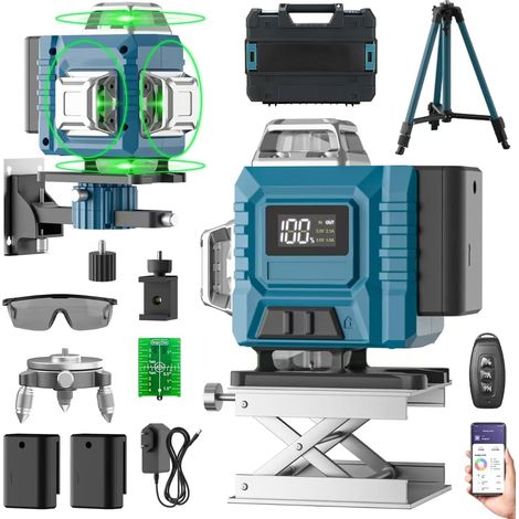Niveau Laser avec Trepied 4 x 360°, 4D 16 Lignes Laser Chantier avec 2 x 3000mAh Batterie & Affichage LED, Niveau Laser 360 Autonivelant, APP, Télécommande, IP54 Étanche et Anti-Poussière
