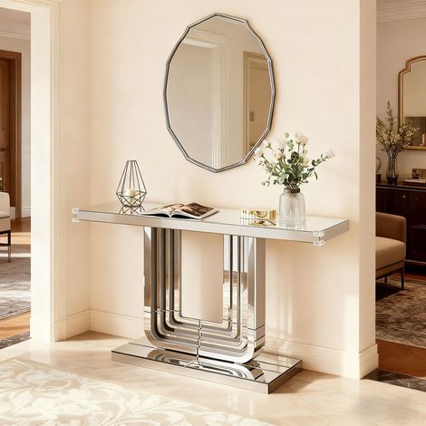 Tavolo consolle a specchio da 120 cm — Tavolo da ingresso moderno, base stabile a forma di U, piano in vetro e MDF, antiribaltamento, argento