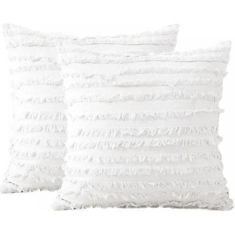 Set of 2 Cushion Covers 45x45cm Linen Boho Decorative Pillowcase Tassels Design Square Pillow Cover for Sofa Bedroom Couch Home Decor Chair (White) (1/5)