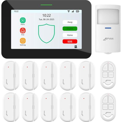GSM + WiFi Alarme Maison sans Fil avec écran Tactile 7", sans Contrat- 110dB Système Intelligent, Alertes par APP/SMS/Appel, Détecteur de Mouvement, Capteurs Porte/Fenêtre, Télécommandes