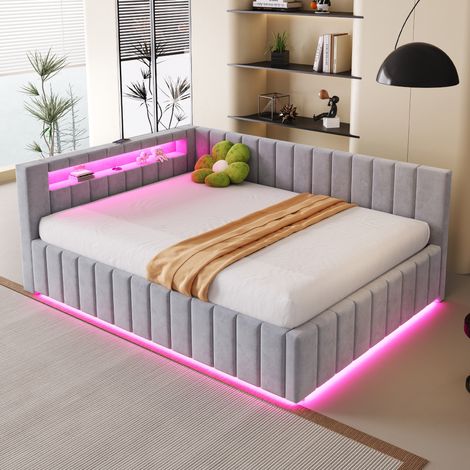 Canapé-lit capitonné 140 x 200 cm, avec rangement hydraulique, éclairage LED et port de chargement USB, dossier, tête de lit et cadre de lit robuste, revêtement en velours gris clair. Ancienne référen (1/5)