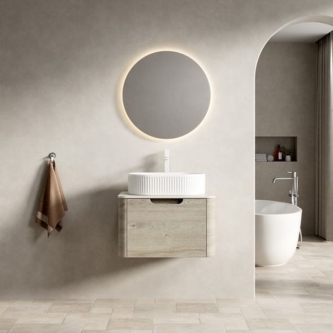 Meuble vasque suspendu 60x46x50,2 cm pré-assemblé, travertin fritté, vasque ovale blanche, caisson chêne crème avec tiroir (1/5)