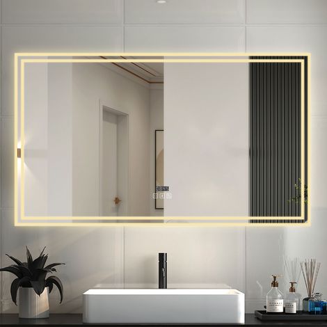 LED Badspiegel mit Uhr Bluetooth Warmweiß/Neutralweiß/Kaltweiß 3000-6000k Dimmbar Beschlagfrei Speicherfunktion Badezimmer Spiegel mit Beleuchtung CE IP44 140x80cm (1/5)