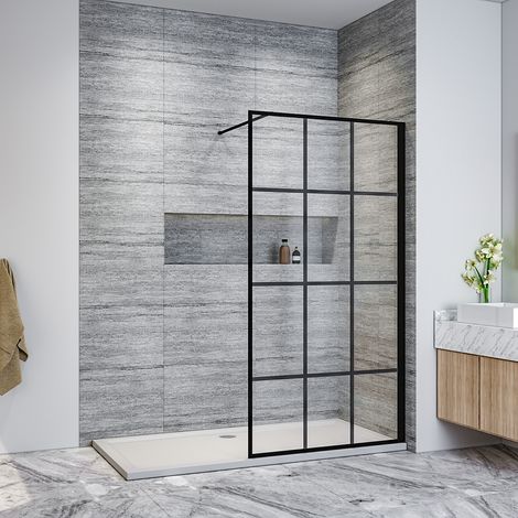 ELEGANT Walk in Shower Door Wet Room Reversible Shower Screen Panel 8mm Safety Glass Matte Black Walkin Shower Door 900mm with 1400x700mm Anti-Slip Resin Shower Tray