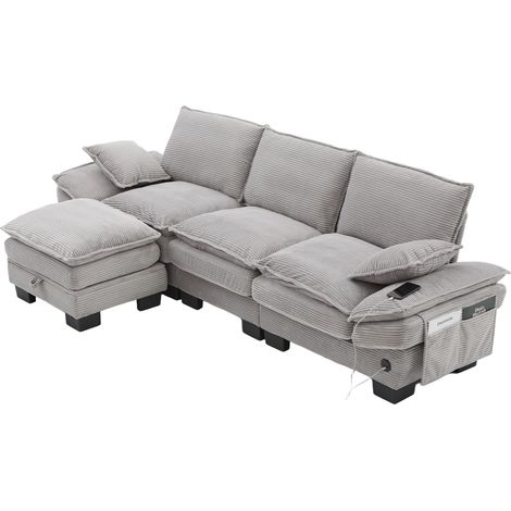 Canapé 3 places modulable avec pouf, velours côtelé gris clair, large assise ergonomique, USB-C et poches latérales pour salon, bureau ou lounge CHICFURN (1/5)