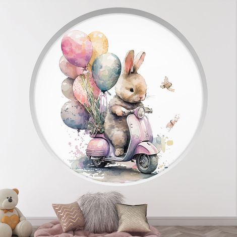 Stickers Trompe l'oeil Arche ronde Enfants - Lapin moto - Diamètre 60 cm (1/4)