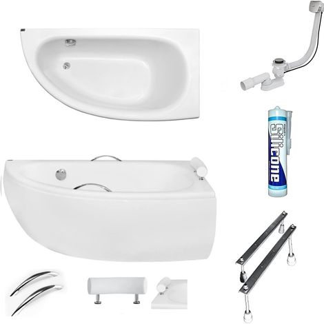 ECOLAM Baignoire d'angle Milena PREMIUM acrylique blanc 150x70 cm droite + tablier en acrylique + 2x poignées + Appui-tête blanc + bonde vidange et trop-plein automatique, pieds silicone (1/5)