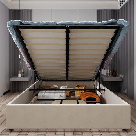 Lit rembourré moderne et minimaliste avec tête de lit douce au design de dessin animé, 140x200 cm, beige, meuble de chambre multifonctionnel, sommier coffre haut avec système de levage à gaz, matelas  (1/5)