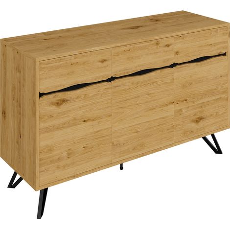 Aparador de 3 puertas efecto madera con patas de metal negro, 140 x 40 x 75,5 cm, MODENUIT (1/5)