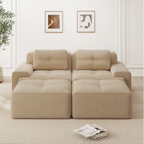 Modulares Sofa aus Cord Beige, 74 cm Tiefsitz, montagefrei, flexibel als 2-Sitzer mit Ottoman nutzbar (1/5)
