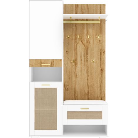 Garderobenschrank mit 3 Türen, Spiegel, 6 Gold-Haken und LED 16 Farben, Modern, aus MDF, 110×38×190 cm, Weiß Holz (1/5)