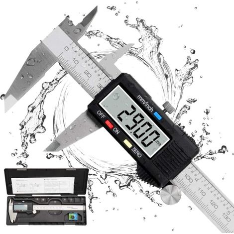 Digitaler Messschieber, 150 mm, Edelstahl, großes LCD-Display, einstellbare Genauigkeit 0,01 mm, mm/Zoll-Umrechnung, spritzwassergeschützt