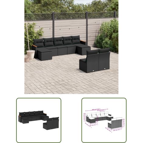 The Living Store Salon de jardin 9 pcs avec coussins noir résine tressée - Salon De Jardin - Meuble De Jardin - Ensemble Salon Extérieur - Canapé Jardin - Résine Tressée (1/3)