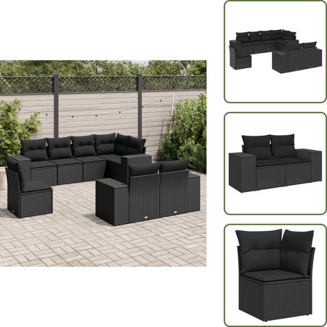 The Living Store 8-tlg. Garten-Sofagarnitur mit Kissen Schwarz Poly Rattan - Gartensessel