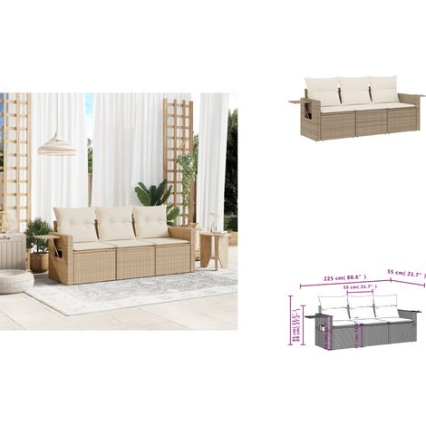 3-tlg. Garten-Sofagarnitur mit Kissen Beige Poly Rattan - Gartenmöbel - Sofasitzgruppe - PE-Rattan Möbel - Outdoor Lounge Set - Balkonmöbel
