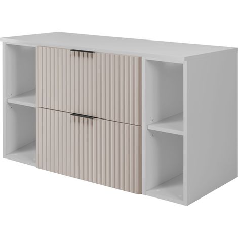 Furnidea - Meuble sous vasque FLOW CACHEMIRE 100 cm avec 2 x l'étagères - extensions et plan BLANC - 2 tiroirs - façades rainurées (1/5)