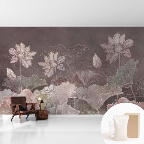 Papier peint intissé avec imprimé pour intérieur moderne application facile a motif - Colle incluse gratuite Botanique paisible 416x254 cm (1/5)