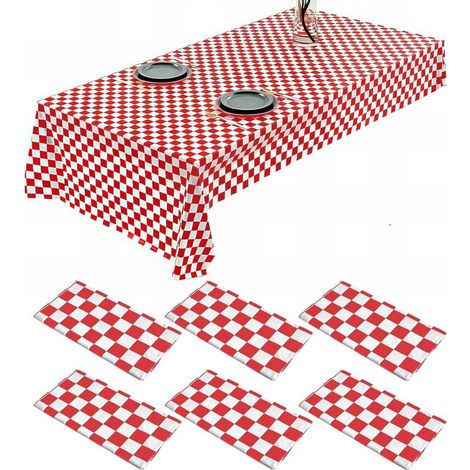 Nappe jetable à carreaux 274x137cm rouge-blanc 6 pièces imperméable