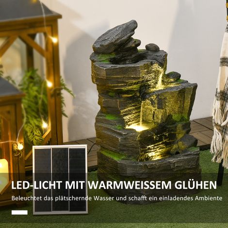 Fontaine d'extérieur effet pierre 4 étages solaire LED 57 cm résine gris brun (1/4)