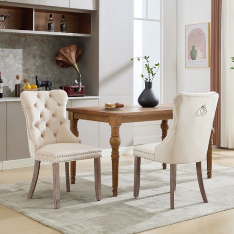 Set of 2 Modern Velvet Dining Chairs with Button Tufting,Brushed Wood Legs,Riveted Trim and Knocker Ring,Ideal for Dining Room and Living Room,Beige (1/5)