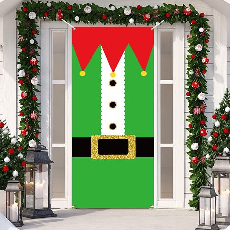Décoration, de couverture de porte de Noël 180 x 90 cm, rideau de porte de Noël, elfe de Noël, bannière de fond de décoration de maison, vert + rouge (1/5)