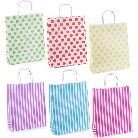 Sacchetti / buste in carta bianca con stampa colorata a righe / pois e manico ritorto dimensioni grandi, set da 24 pezzi, cm 25,5 x 12,5 x 32,5 H