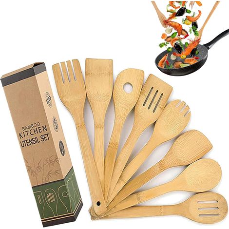 Lot de 8 Ustensiles de Cuisine en Bambou, Cuillères et Spatules en Bois, Anti-adhésifs et Wok, Spatule Pelle, Ensemble D'ustensiles de Cuisine Résistant à la Chaleur Outils Cuillère Spatule (1/5)