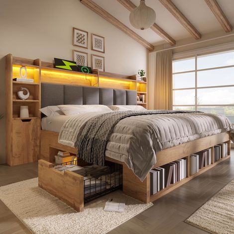 Lit double en bois 180x200 cm tête de lit avec LED tables de chevet avec ports USB Type-C rangement et tiroirs à roulettes Naturel (1/5)