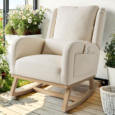 Fauteuil à bascule scandinave 68x93x96 cm, tissu lin, poches latérales, dossier et accoudoirs rembourrés, pieds en bois naturel, pour salon (1/5)