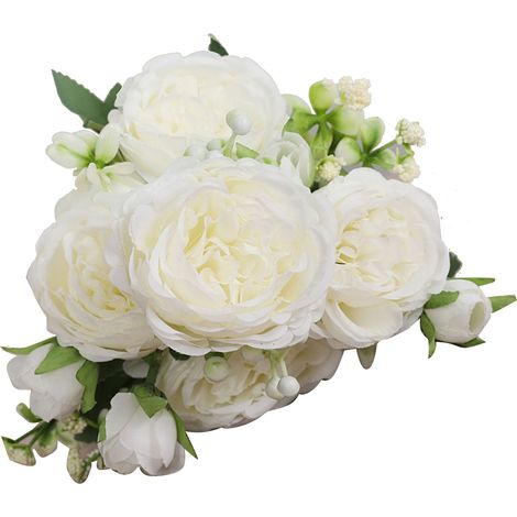 bouquets de 5 roses persanes artificielles blanches, noués à la main, pour mariage, salon ou décoration intérieure. (1/5)