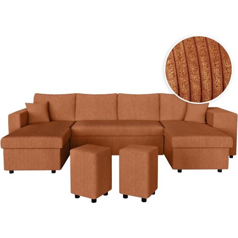 Canapé panoramique OSLO convertible avec 2 coffres, 2 poufs à droite en velours côtelé terracotta (1/5)