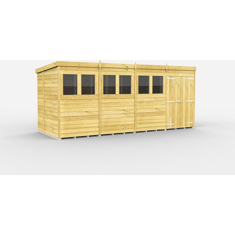 16 x 7 Feet Pent Shed - Double Door With Windows - Wood - L214 x W474 x H201 cm