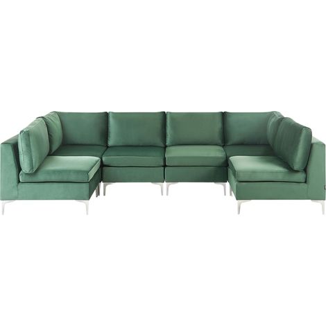 Divano Modulare in Velluto Verde a Forma di U 6 Posti Gambe in Metallo Evja