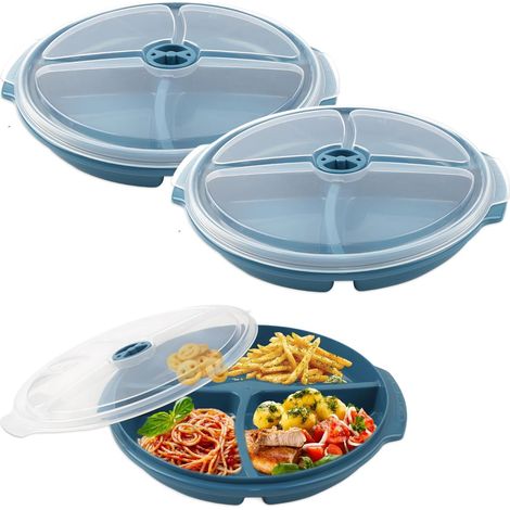 Lot de 3 assiettes avec couvercles, 3 compartiments, plastique, micro-ondes, bento, conservation aliments