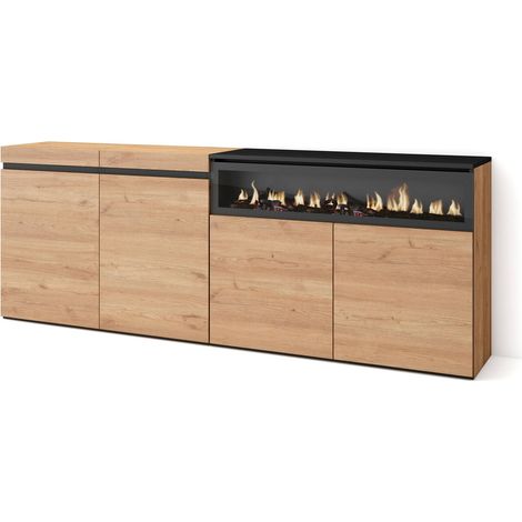 Skraut Home – Buffet moderne 200x75x35cm – Meuble de rangement avec 4 portes – Cheminée électrique à LED – Chêne et noir (1/5)