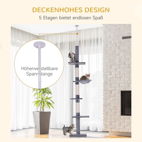 Arbre à chat plafond hauteur 230-260 cm griffoir sisal, plateformes cat tree multi-étagé pour chats petits et grands, Gris (1/5)